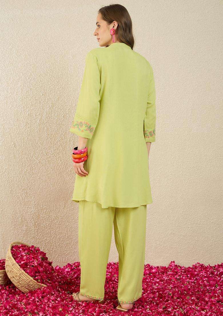 Green Embroidered Rayon Co Ord Set - Indya