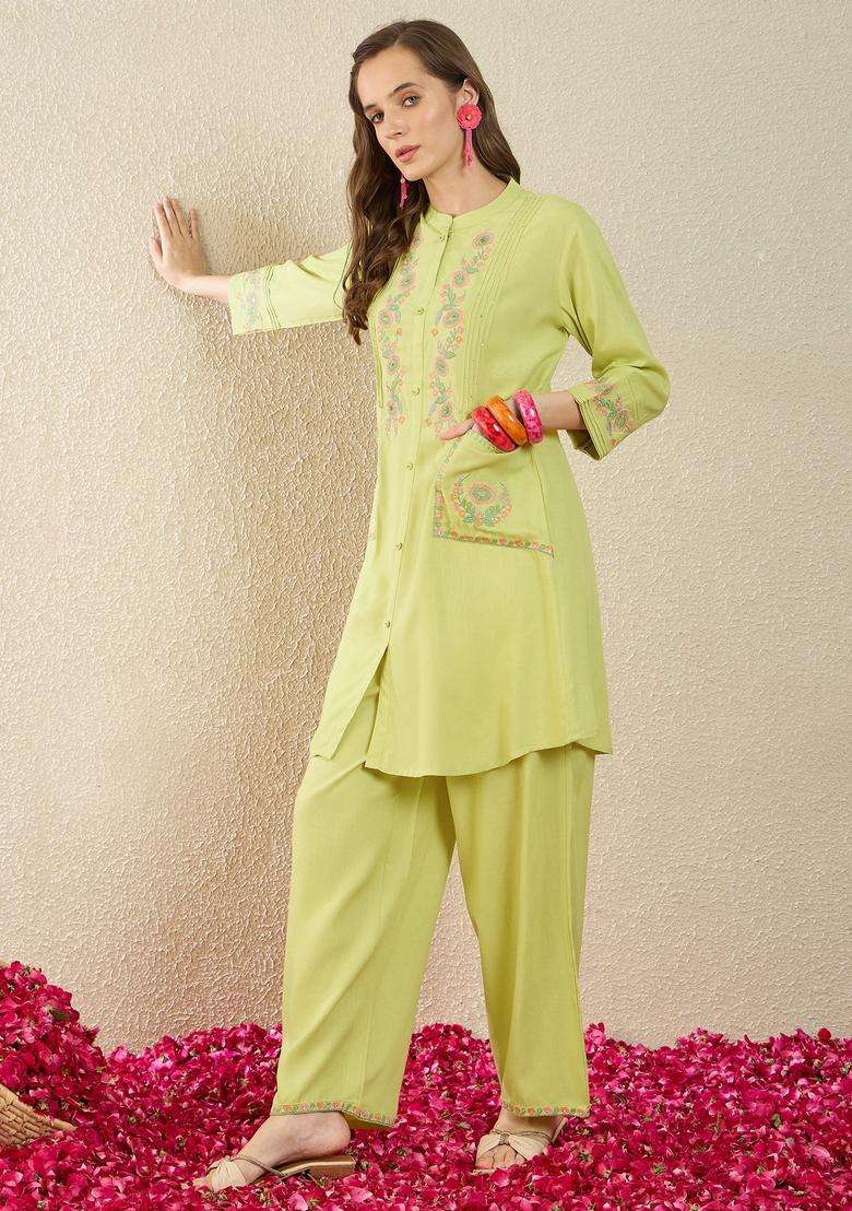 Green Embroidered Rayon Co Ord Set - Indya
