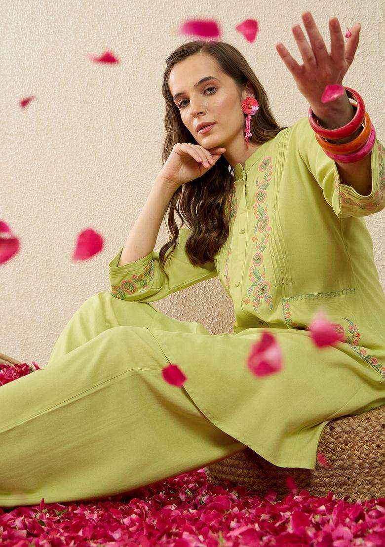 Green Embroidered Rayon Co Ord Set - Indya