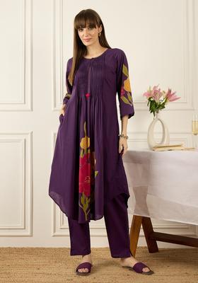 Purple Embroidery Cotton Kurta Set