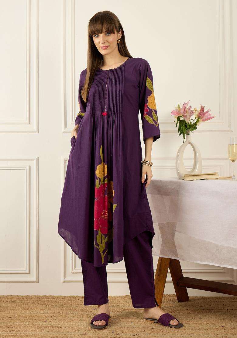 Purple Printed Cotton A Line Kurta Set - Indya
