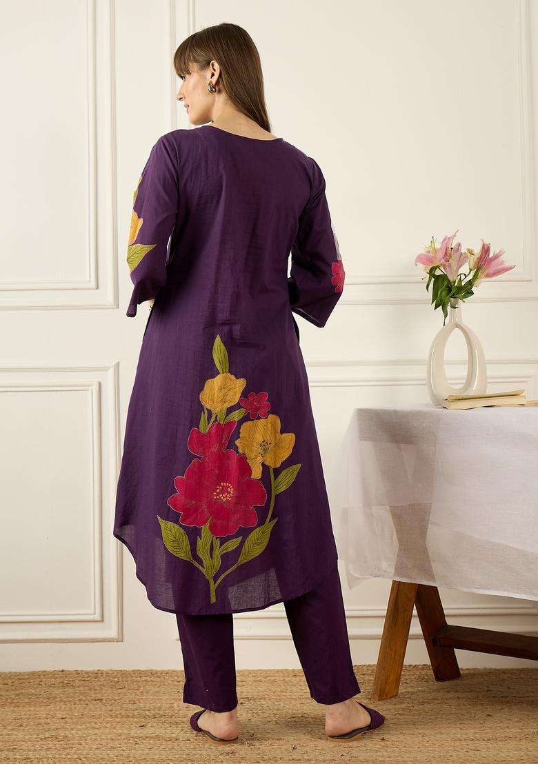Purple Printed Cotton A Line Kurta Set - Indya