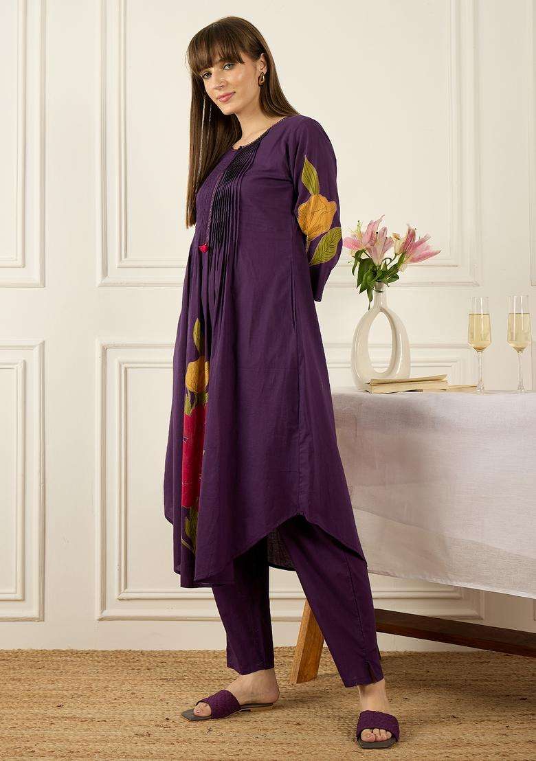 Purple Printed Cotton A Line Kurta Set - Indya