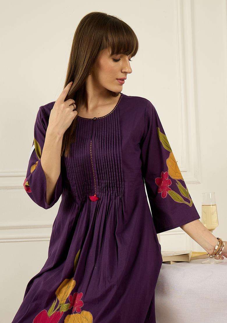 Purple Printed Cotton A Line Kurta Set - Indya