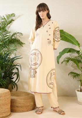 Cream Embroidery Viscose Rayon Kurta Set