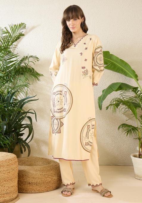Cream Embroidery Viscose Rayon Kurta Set