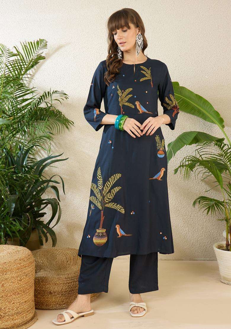 Navy Blue Printed Viscose Straight Kurta Set - Indya