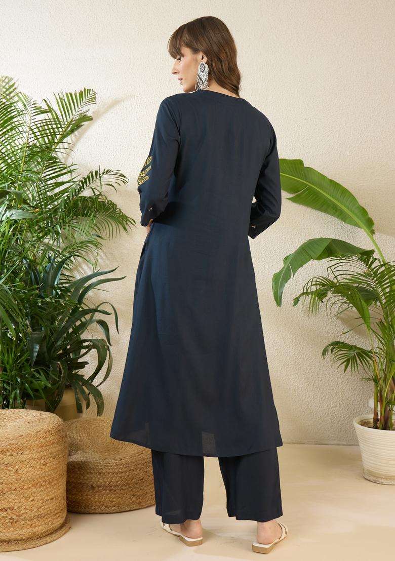 Navy Blue Printed Viscose Straight Kurta Set - Indya