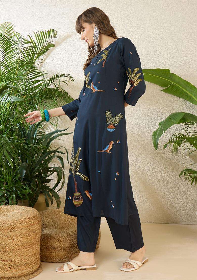 Navy Blue Printed Viscose Straight Kurta Set - Indya