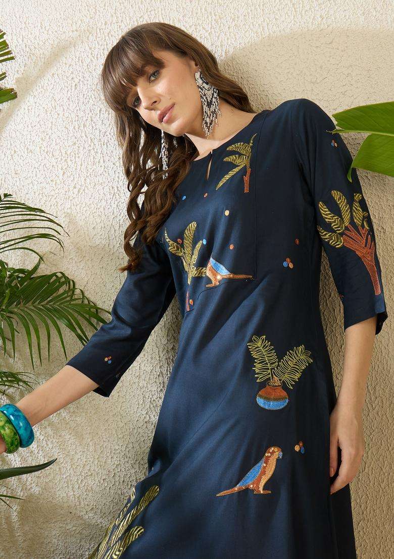 Navy Blue Printed Viscose Straight Kurta Set - Indya