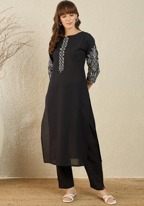Black Embroidery Cotton Kurta Set