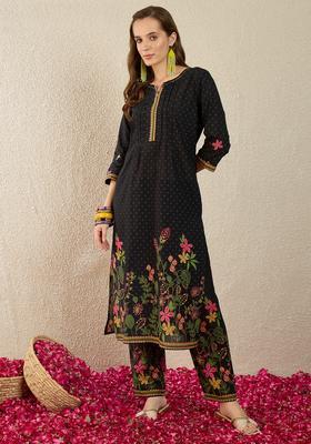 Black Embroidery Cotton Kurta Set