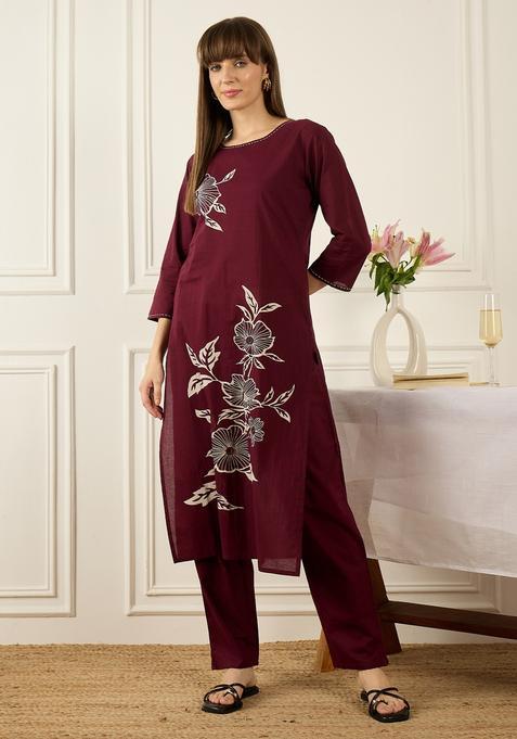 Burgundy Embroidery Cotton Kurta Set