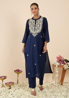 Navy Blue Embroidery Silk Blend Kurta Set