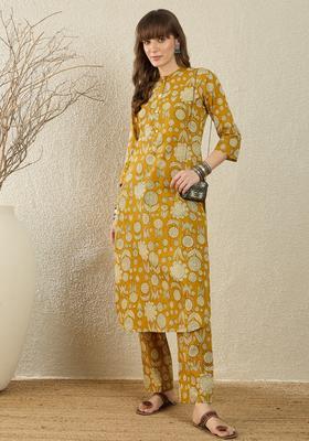 Mustard Embroidery Cotton Kurta Set