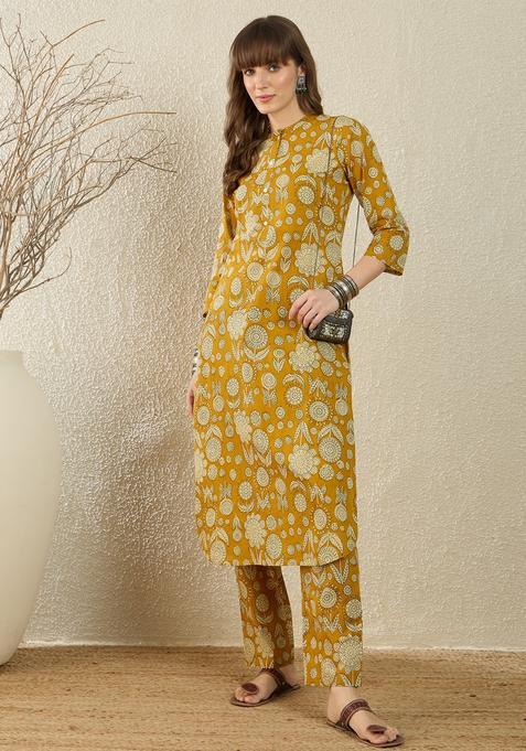 Mustard Embroidery Cotton Kurta Set