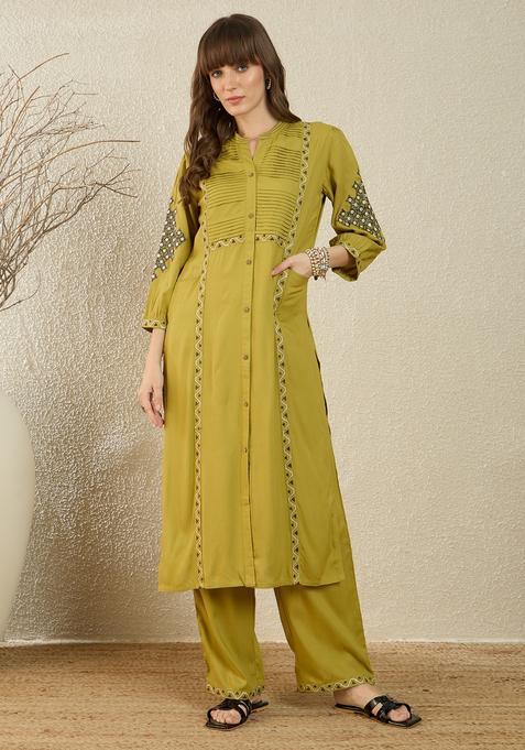 Green Embroidery Viscose Rayon Kurta Set