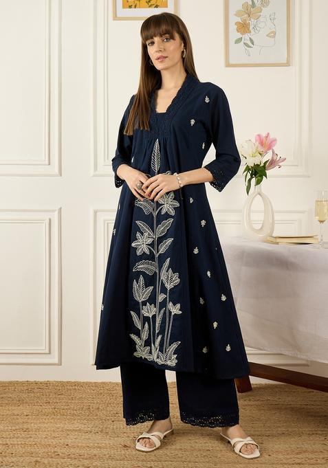 Blue Embroidery Cotton Kurta Set