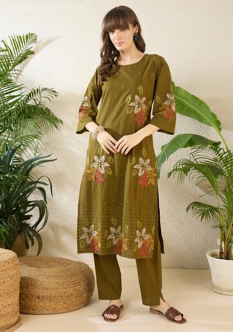 Olive Embroidery Cotton Kurta Set