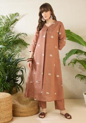 Brown Embroidery Silk Blend Kurta Set