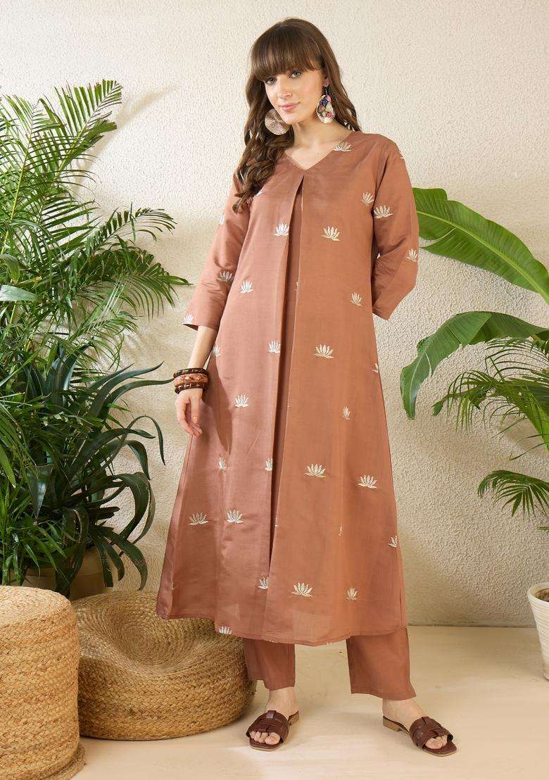 Brown Embroidered Blended A Line Kurta Set - Indya