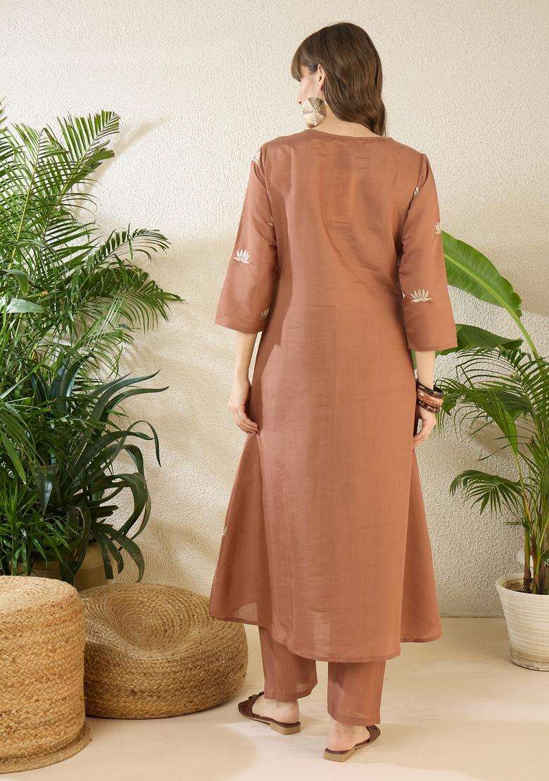 Brown Embroidered Blended A Line Kurta Set - Indya