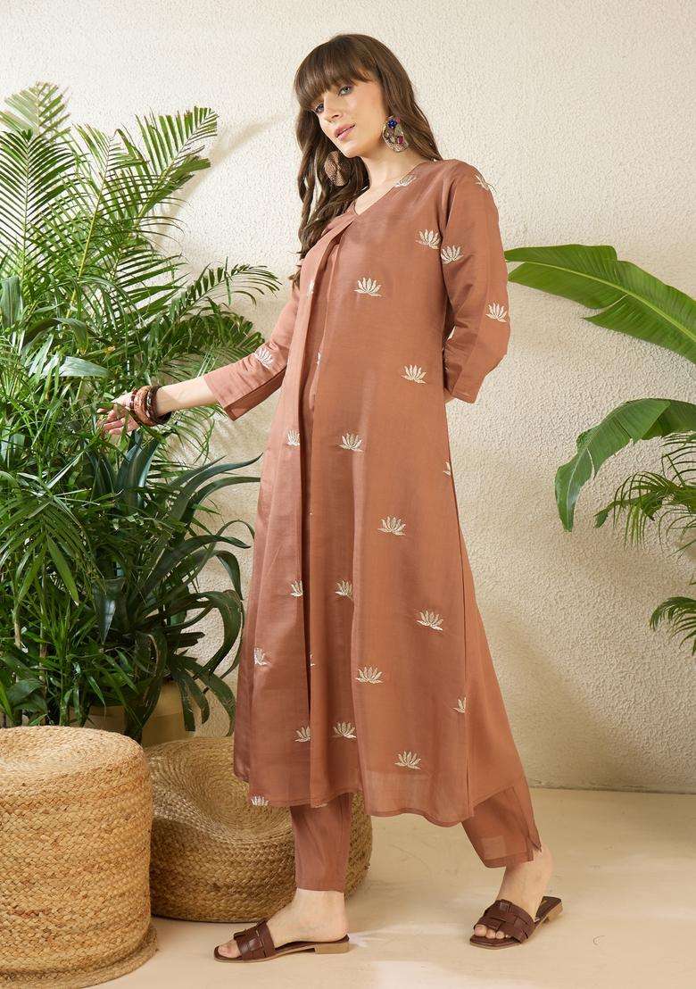 Brown Embroidered Blended A Line Kurta Set - Indya