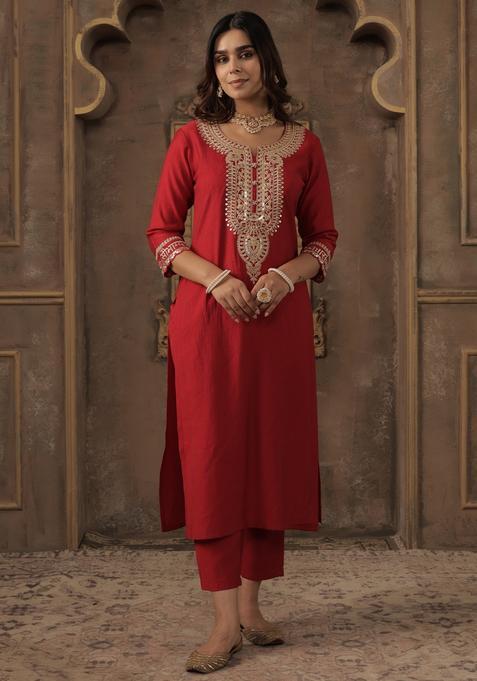 Red Embroidery Liva Kurta Set