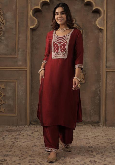 Maroon Embroidery Liva Kurta Set