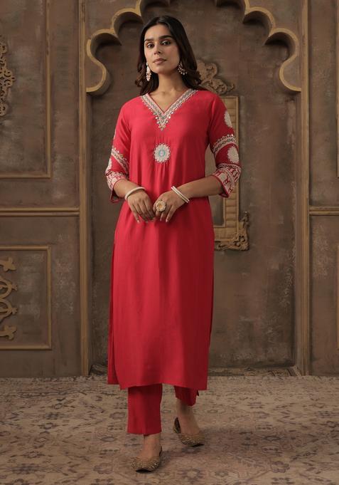 Pink Embroidery Silk Blend Kurta Set