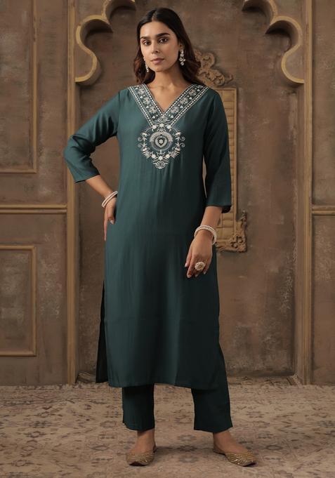 Teal Embroidery Silk Blend Kurta Set