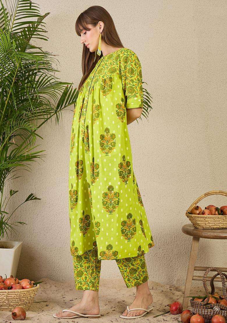 Yellow Printed Cotton Co Ord Set - Indya