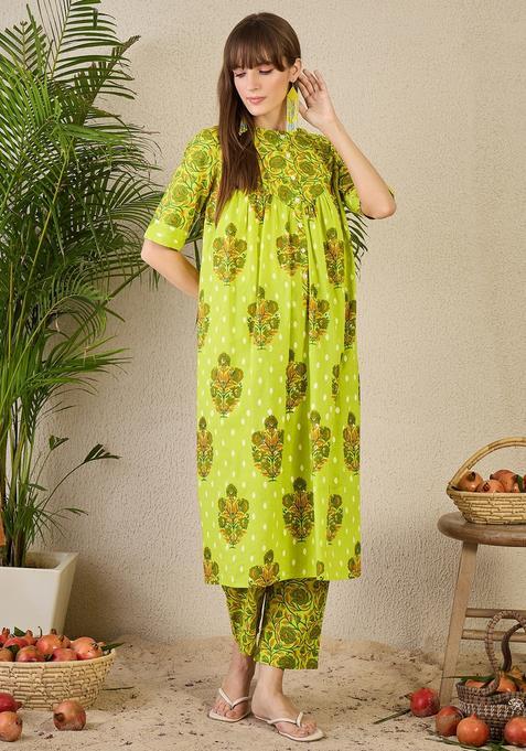 Yellow Embroidery Cotton Kurta Set