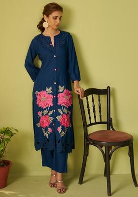 Blue Embroidery Viscose Rayon Kurta Set