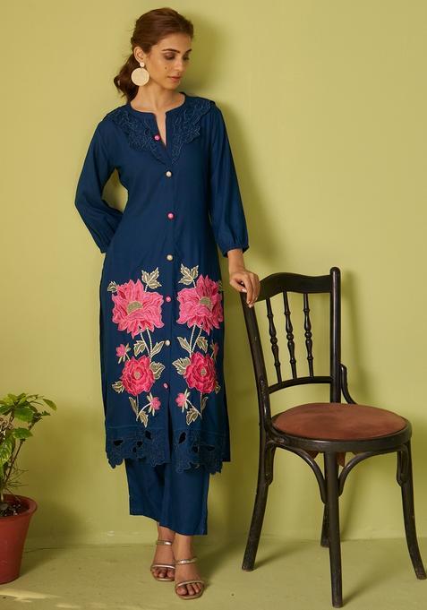Blue Embroidery Viscose Rayon Kurta Set