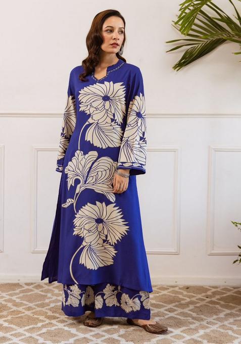 Blue Embroidery Viscose Rayon Kurta Set