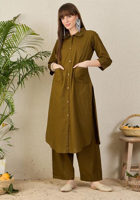 Olive Solid Cotton Co Ord Set