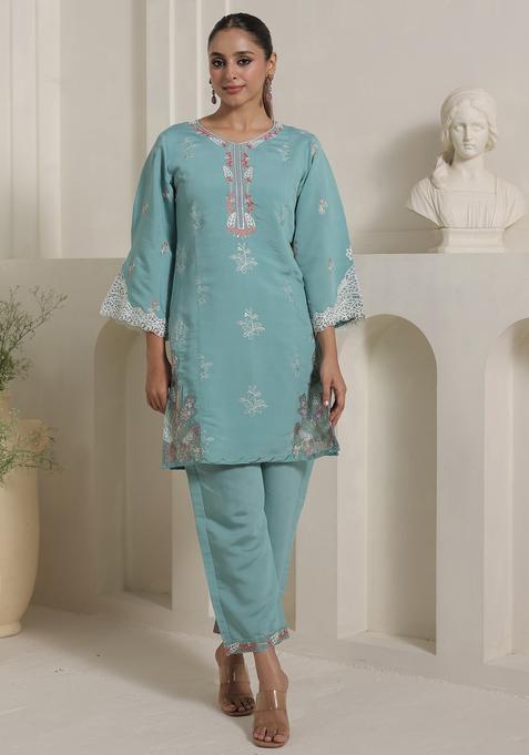 Teal Embroidery Silk Blend Kurta Set