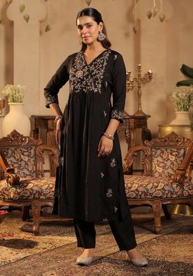 Black Embroidery Silk Blend Kurta Set