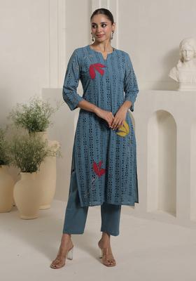 Blue Embroidered Cotton Straight Kurta Set
