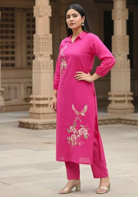 Pink Embroidery Cotton Kurta Set