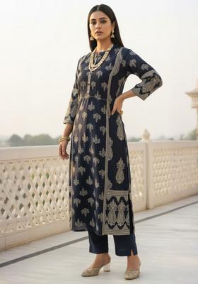 Black Printed Cotton Straight Kurta Set