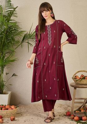 Maroon Embroidery Cotton Kurta Set