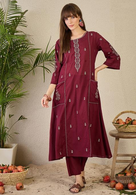 Maroon Embroidery Cotton Kurta Set