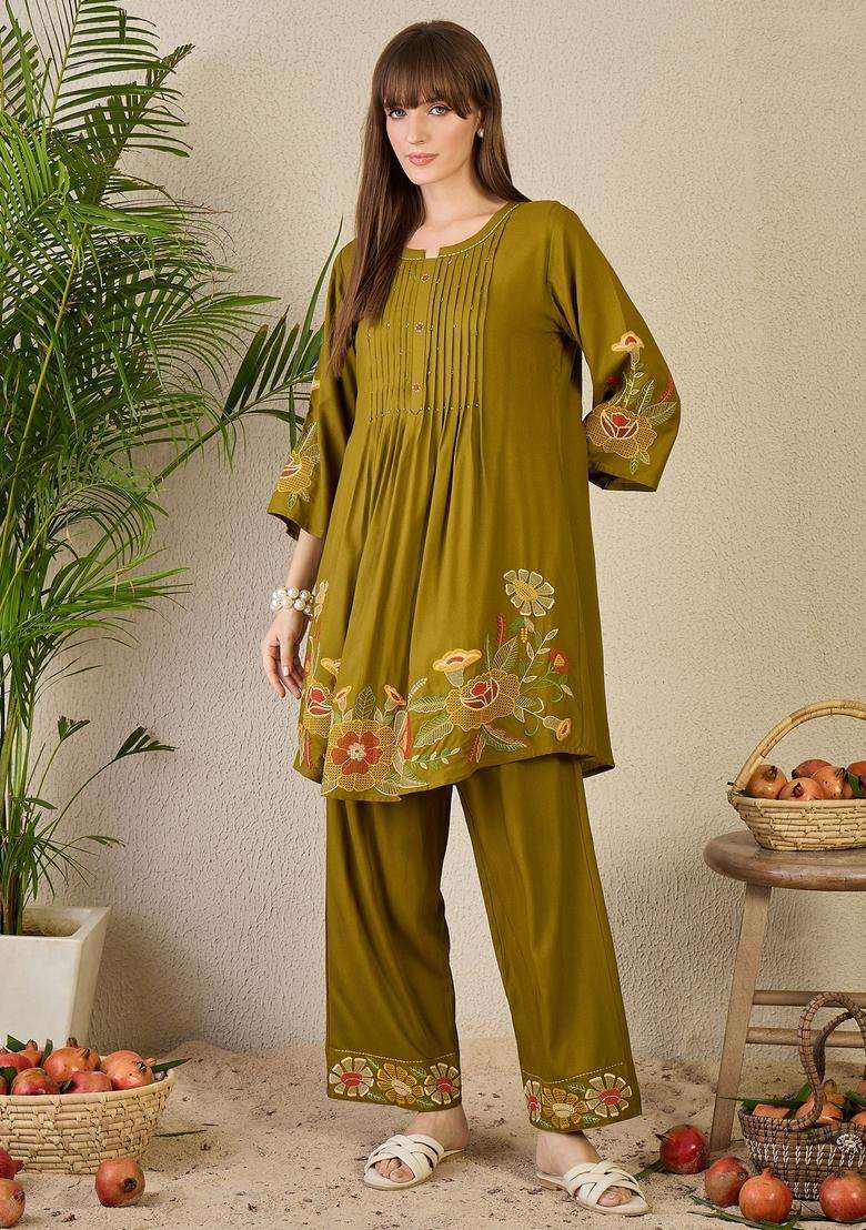 Olive Embroidered Rayon Co Ord Set - Indya