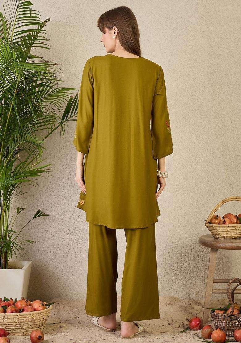 Olive Embroidered Rayon Co Ord Set - Indya