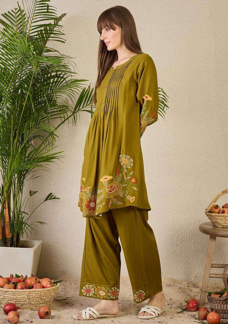 Olive Embroidered Rayon Co Ord Set - Indya