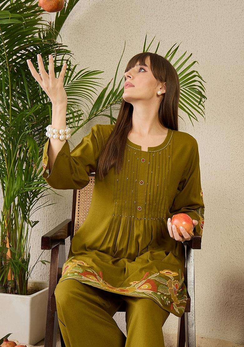 Olive Embroidered Rayon Co Ord Set - Indya