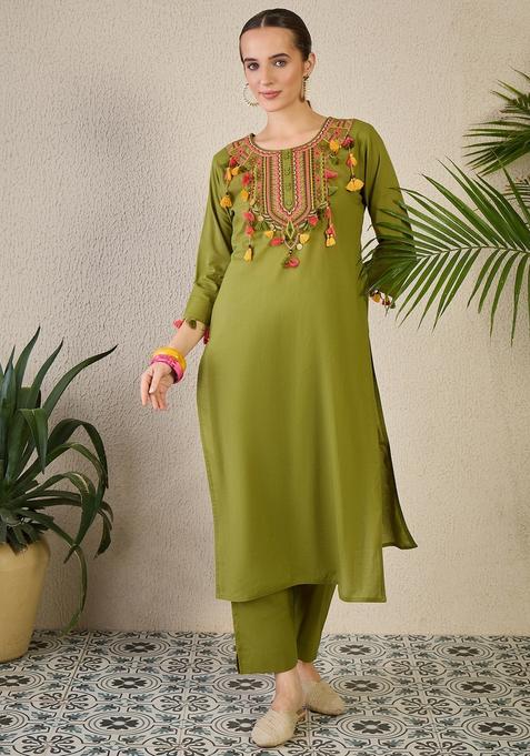 Green Embroidery Cotton Kurta Set