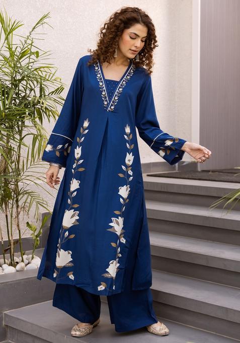 Blue Embroidery Viscose Rayon Kurta Set